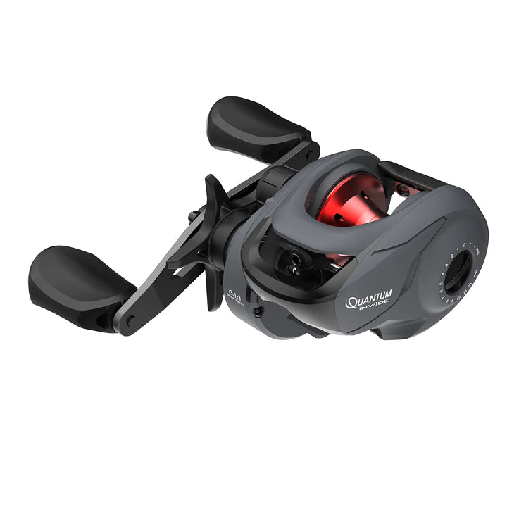 Quantum Invade Baitcast Fishing Reel Size 100 Reel Right-Hand Retrieve Oversized Handle Knobs Zero-Friction Pinion Lightweight Graphite Frame Dark Gray